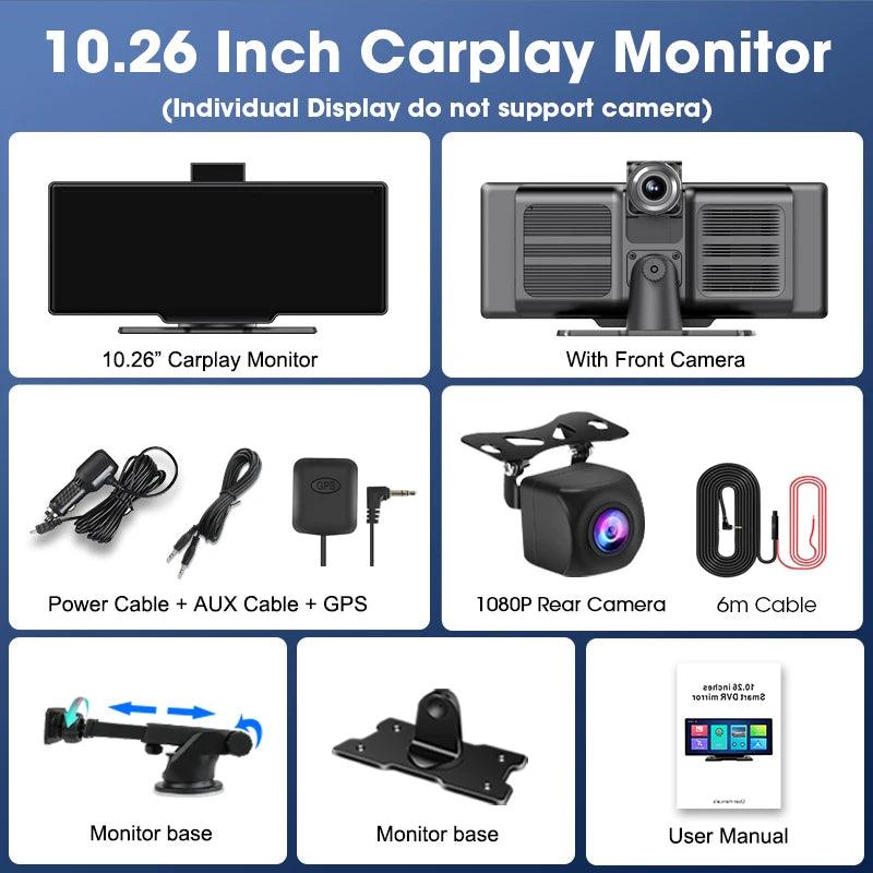 10.26'' Dash Cam 4K Car Mirror Video Player Wireless Carplay Android Auto GPS Car Monitor Multimedia Rearview Camera Dashboard - MANDOTOS