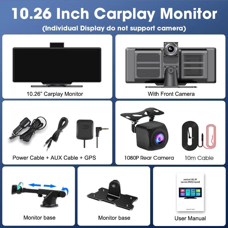10.26'' Dash Cam 4K Car Mirror Video Player Wireless Carplay Android Auto GPS Car Monitor Multimedia Rearview Camera Dashboard - MANDOTOS