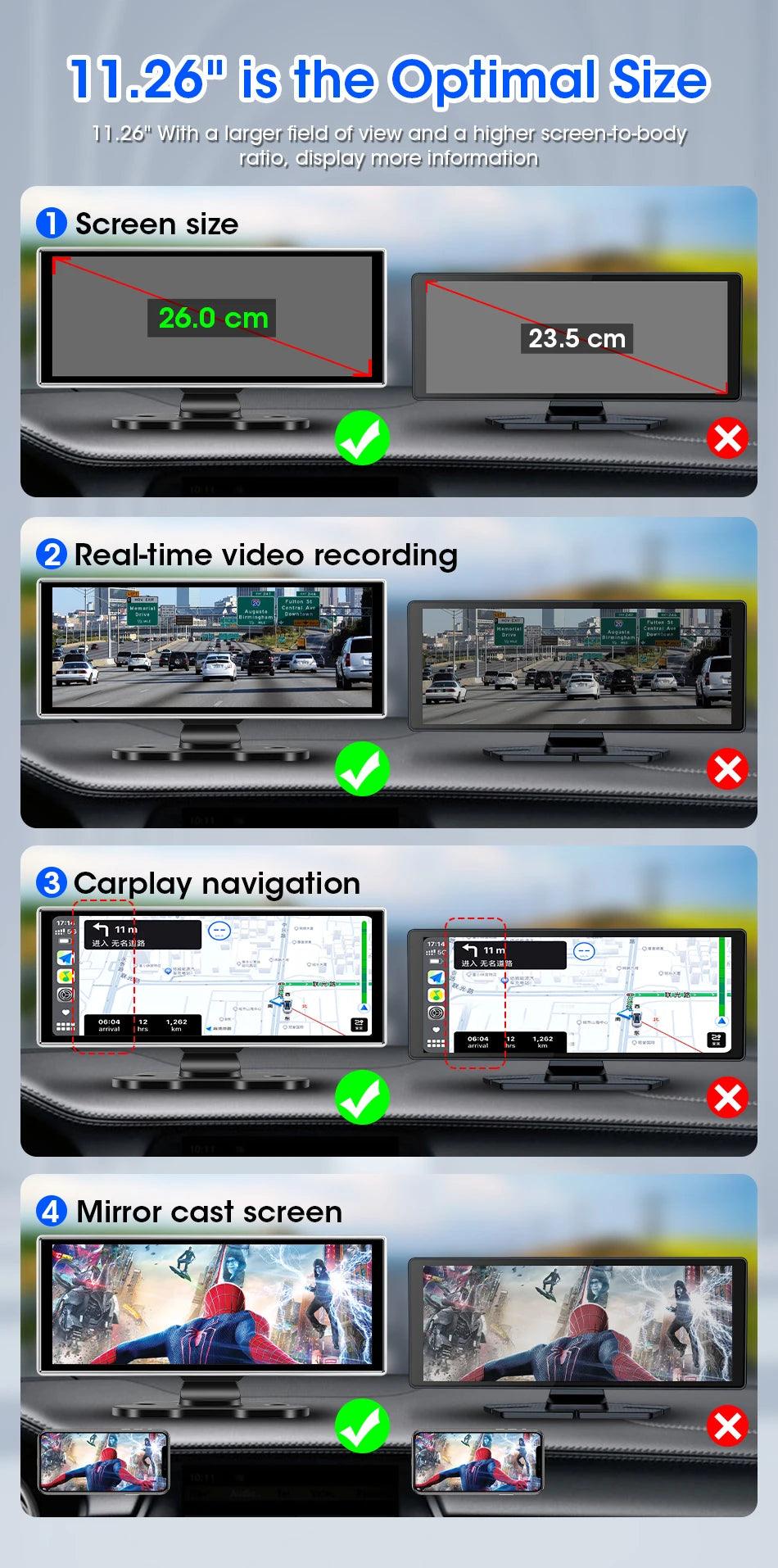 11.26 inch Car DVR 4K Dash Cam Dual Lens Wireless Carplay & Android Auto Video Recorder Monitor GPS Navigation 5G Wifi FM AUX - MANDOTOS