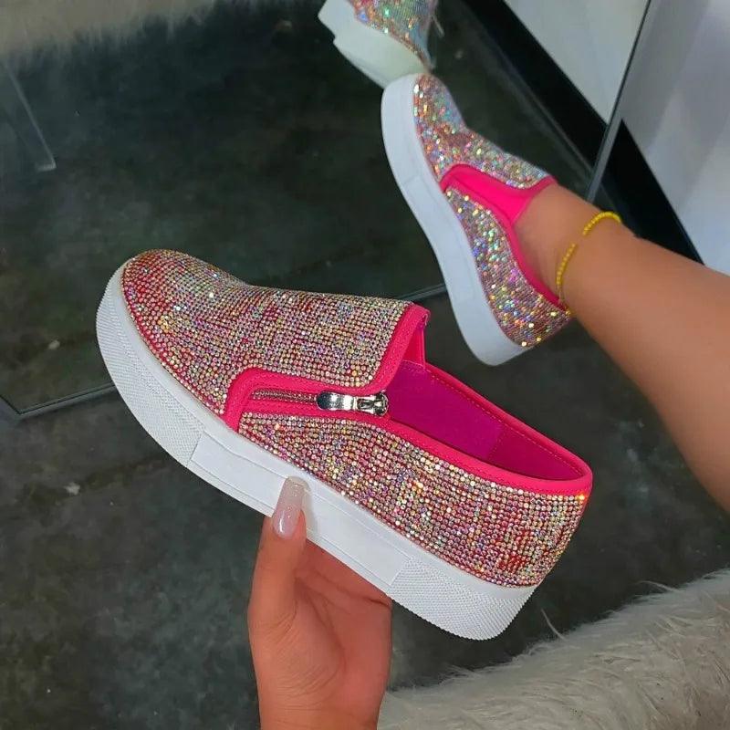 2025 New Woman Sneakers Platform Vulcanized Women Bling Crystal Loafers Autumn Women's Casual Flats Female Zip Sport Shoes - MANDOTOS