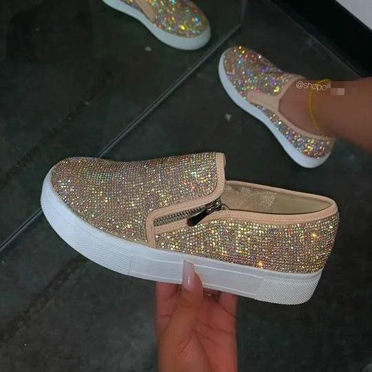 2025 New Woman Sneakers Platform Vulcanized Women Bling Crystal Loafers Autumn Women's Casual Flats Female Zip Sport Shoes - MANDOTOS