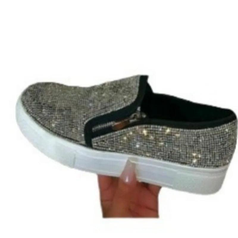 2025 New Woman Sneakers Platform Vulcanized Women Bling Crystal Loafers Autumn Women's Casual Flats Female Zip Sport Shoes - MANDOTOS