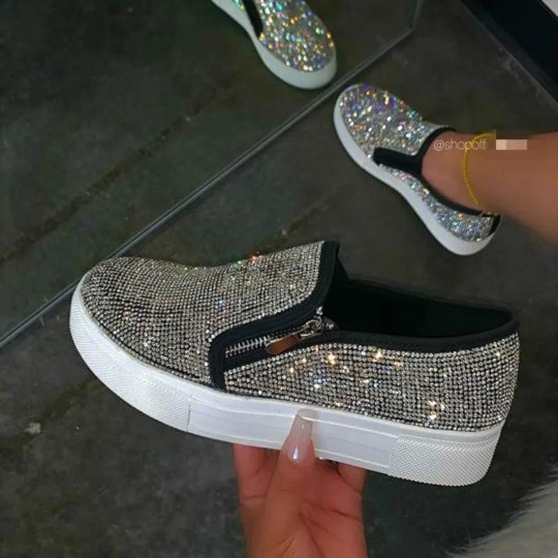 2025 New Woman Sneakers Platform Vulcanized Women Bling Crystal Loafers Autumn Women's Casual Flats Female Zip Sport Shoes - MANDOTOS