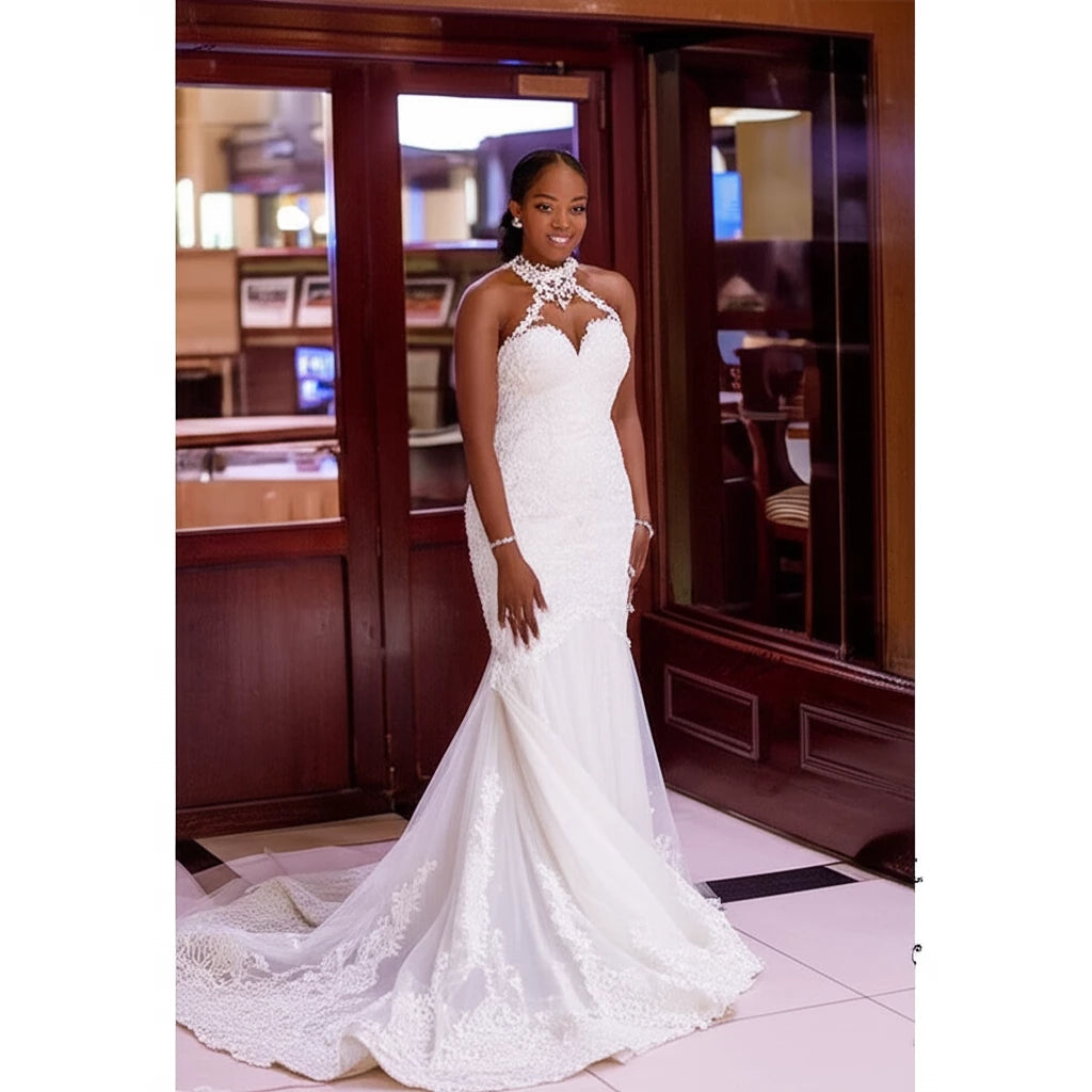 "Vintage Lace Beaded Mermaid Wedding Dress - MANDOTOS"