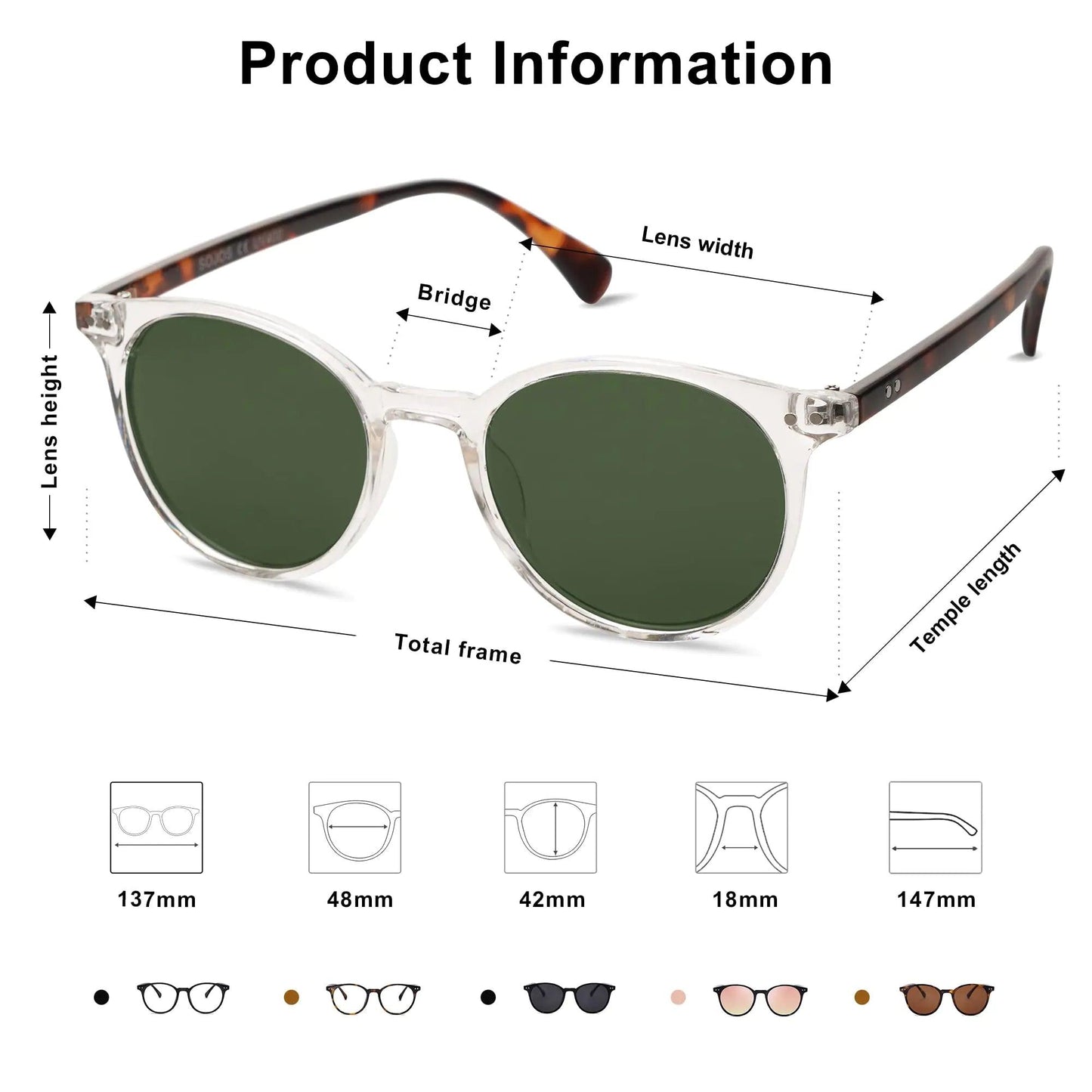SOJOS Vintage Round Polarized Shades UV400 - Clear/Green - MANDOTOS
