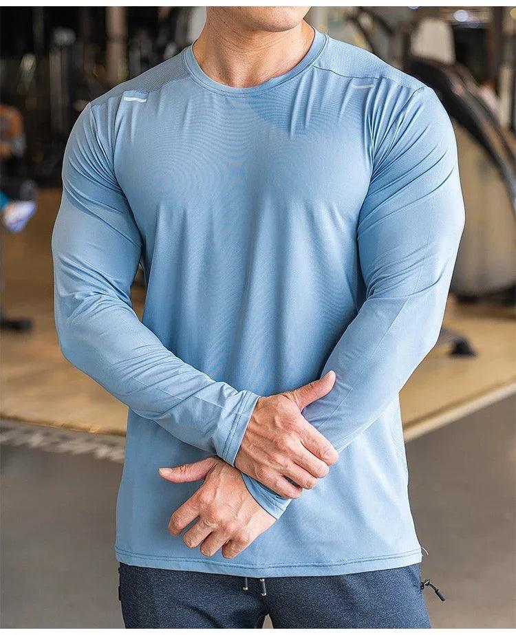 Men's Sports Fitness Long Sleeve Outdoor Badminton Quick Dry Training Shirt Casual Thin Running Top Bodybuilding Sportswear - MANDOTOS