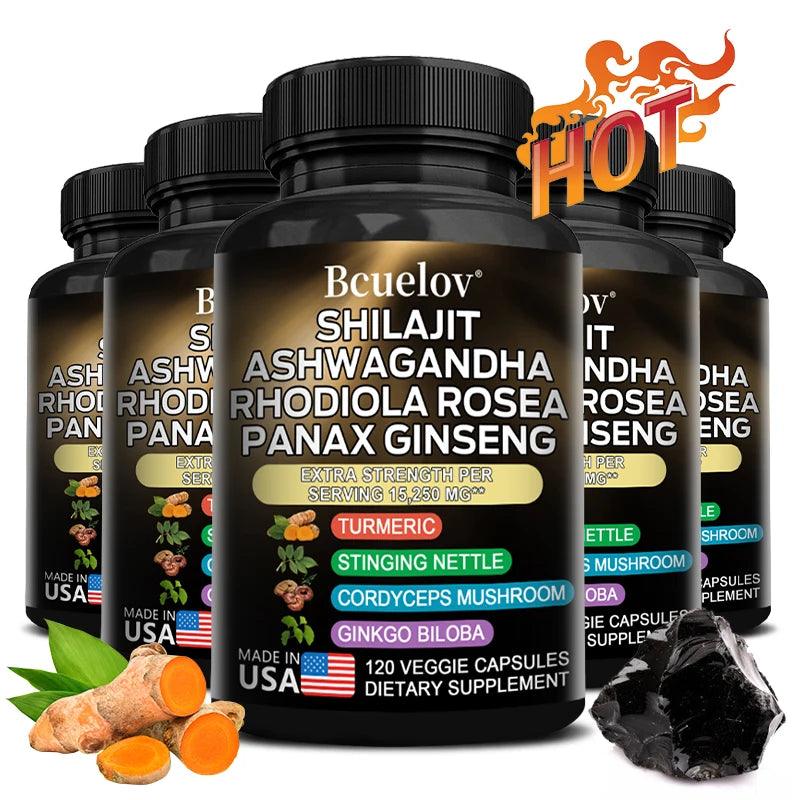 Shilajit Resin Himalaya Capsules - 15250 mg - Combination of Ashwagandha, Ginseng, Cordyceps, Ginkgo, Turmeric - MANDOTOS