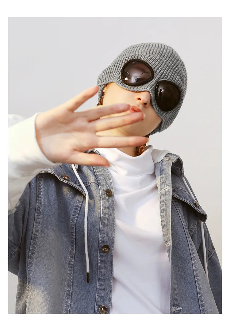 Brimless Hat With Goggles For Men And Women In Winter Hat Neutral Solid Color Skull Knitted Hat In Winter - MANDOTOS