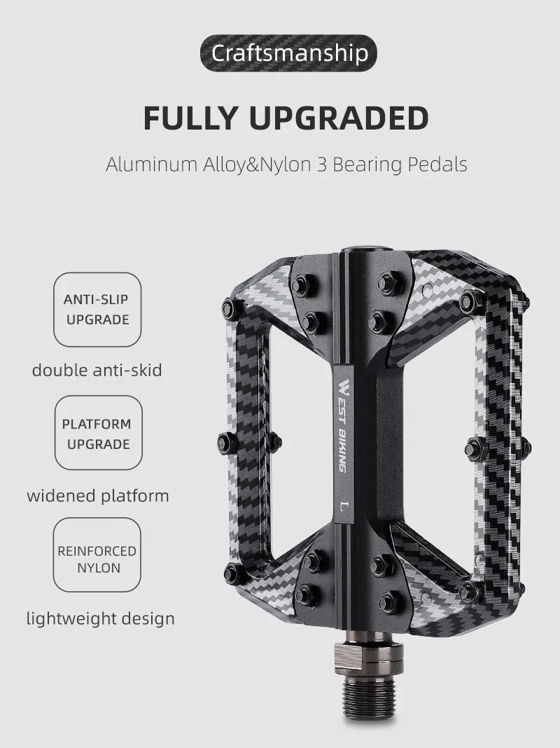 WEST BIKING MTB Integrated Pedals 3 Bearing Ultralight Flat Pedals Aluminum Alloy Nylon Carbon Fiber Coating Specialized Pedals