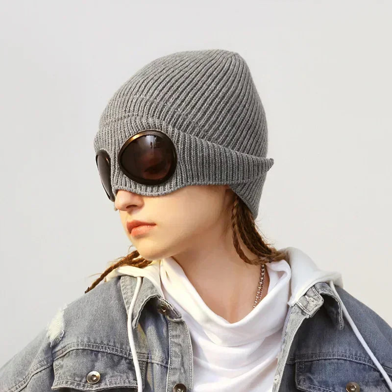 Brimless Hat With Goggles For Men And Women In Winter Hat Neutral Solid Color Skull Knitted Hat In Winter - MANDOTOS