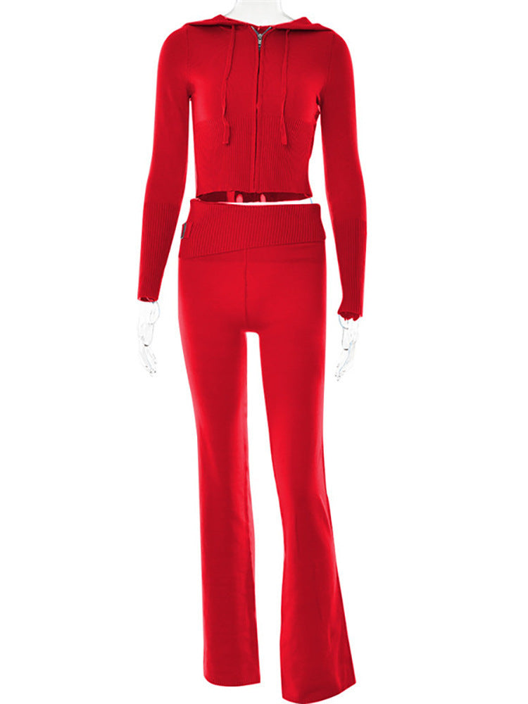 Hoodie Suit Women Leisure Sexy Zip Long Sleeve Sweater And High Waist Long Pants Set - MANDOTOS