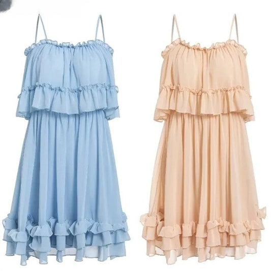 Chiffon Ruffled Summer Pleat Dress - MANDOTOS