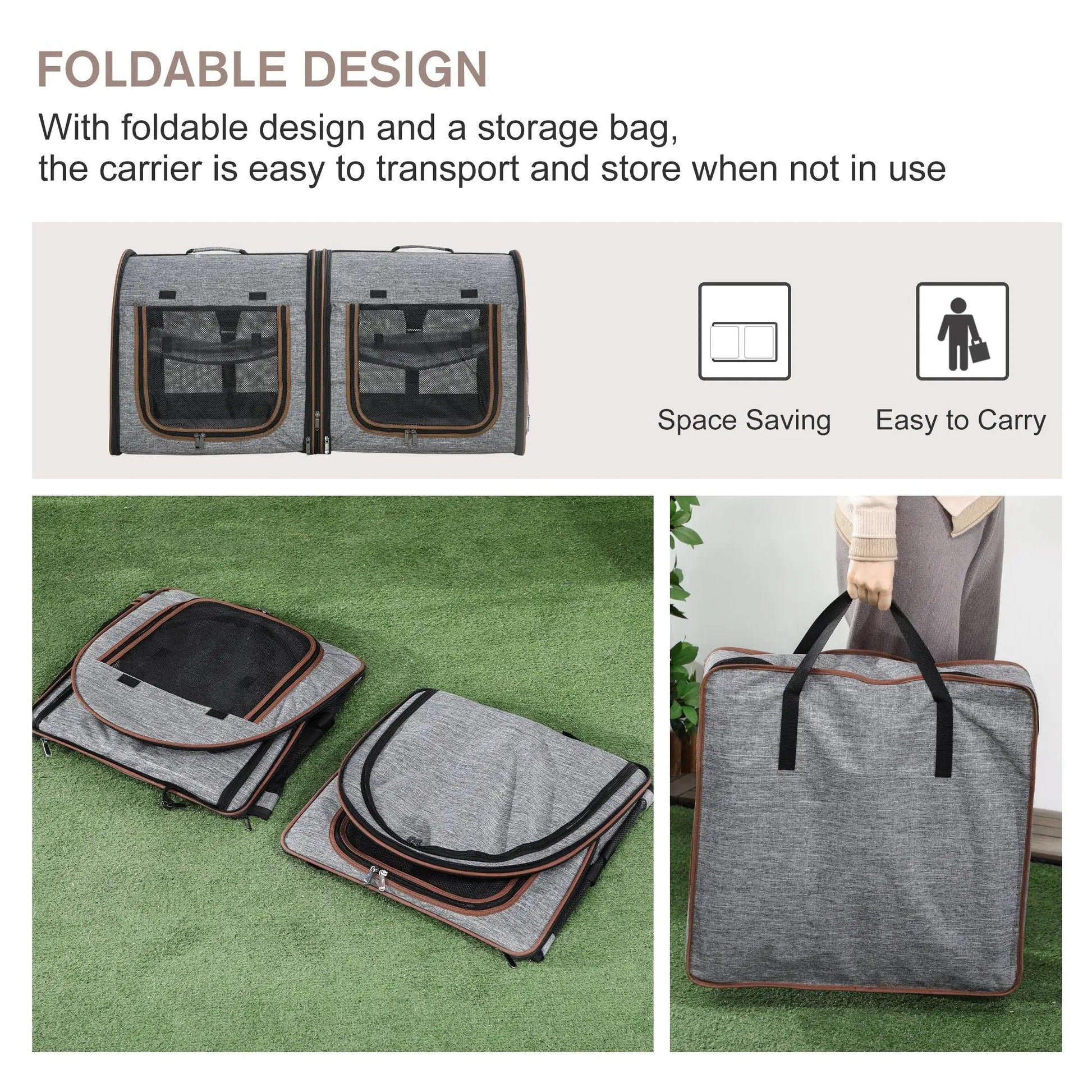 Dual Compartment Portable Cat Carrier, Padded with Storage, Grey - MANDOTOS