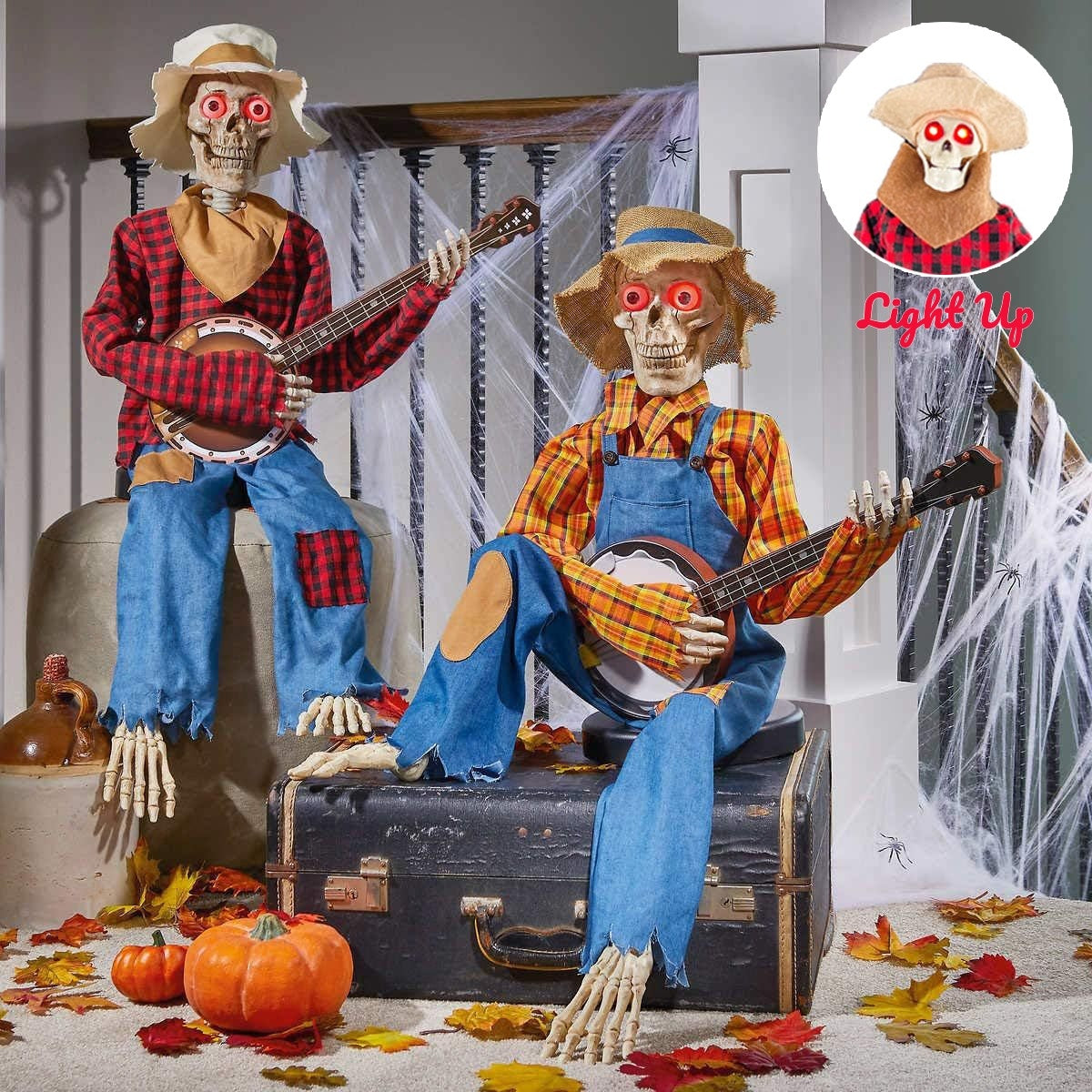 Halloween Luminous Skull Skeleton Decoration Guitarist Skeletons With Light Up Eye Horror Glowing Skeleton For Halloween Party Decor - MANDOTOS