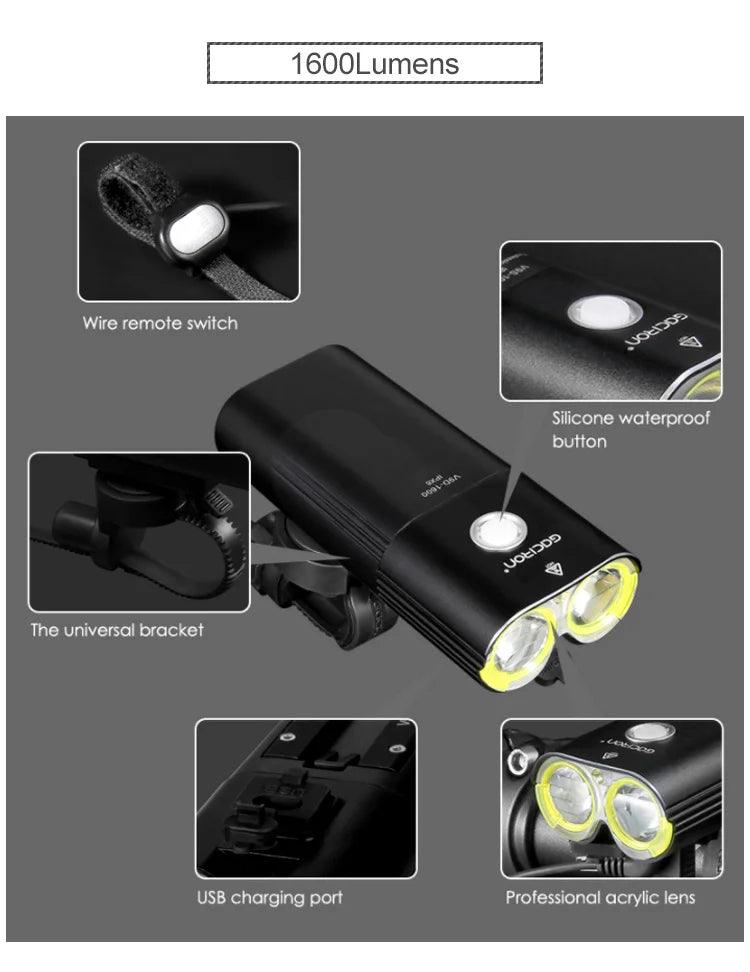 GACIRON 400 - 1800 Lumens Bicycle Front Light USB Rechargeable Cycling Headlight Flashlight MTB Road Bike Waterproof LED Head Lamp - MANDOTOS