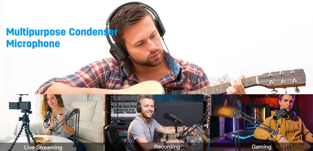 Haomuren Professional USB Streaming Podcast PC Microphone Studio Cardioid Condenser Mic Kit with Boom Arm For Recording YouTube - MANDOTOS