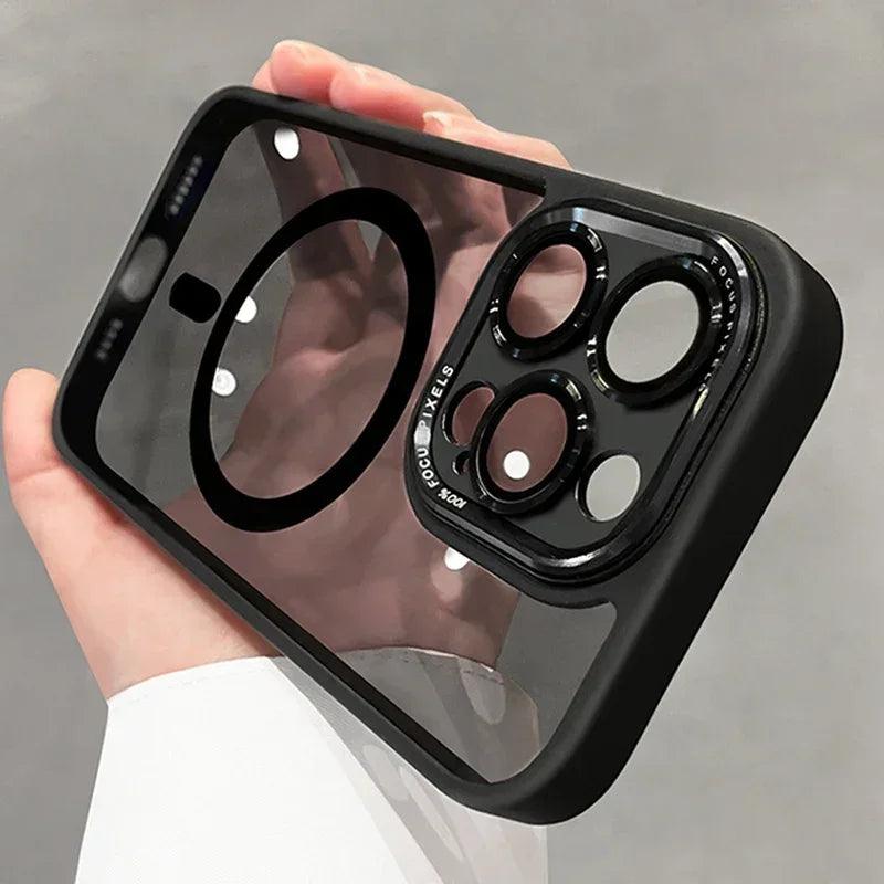 Luxury Magnetic Metal Lens Bumper Protection Case For iPhone 16 15 14 13 12 11 Pro Max 16 Plus Wireless Charge Hard Clear Cover - MANDOTOS
