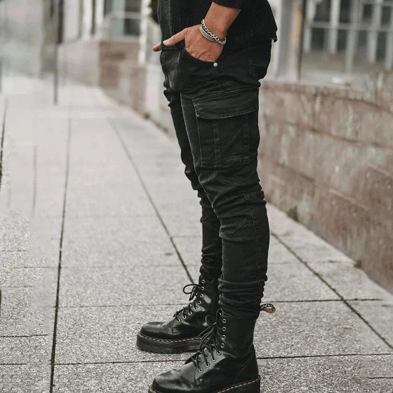 Men Street Elastic Denim Jeans Wash Solid Color Multi Pockets Cargo Pants Casual Slim Fit Daily Wear Joggers Mid Waist Trousers - MANDOTOS