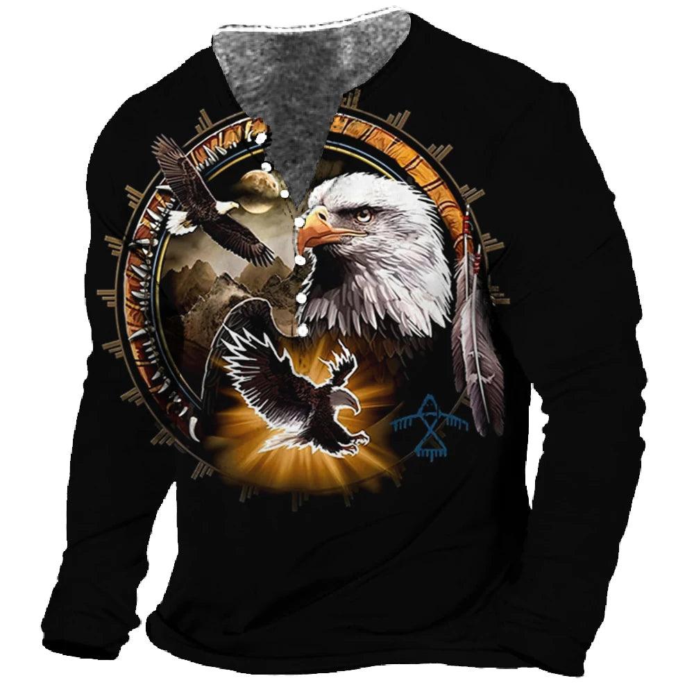 Men T-Shirt Henley Vintage Eagle Motorcycle Print Long Sleeve Daily Top Harajuku Streetwear Tee Men Seven Button Tshirt Pullover - MANDOTOS