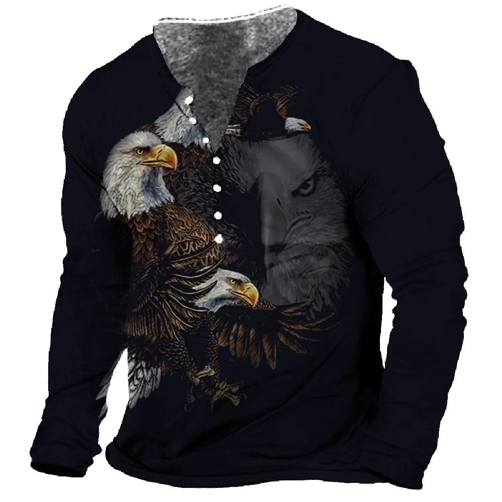 Men T-Shirt Henley Vintage Eagle Motorcycle Print Long Sleeve Daily Top Harajuku Streetwear Tee Men Seven Button Tshirt Pullover - MANDOTOS