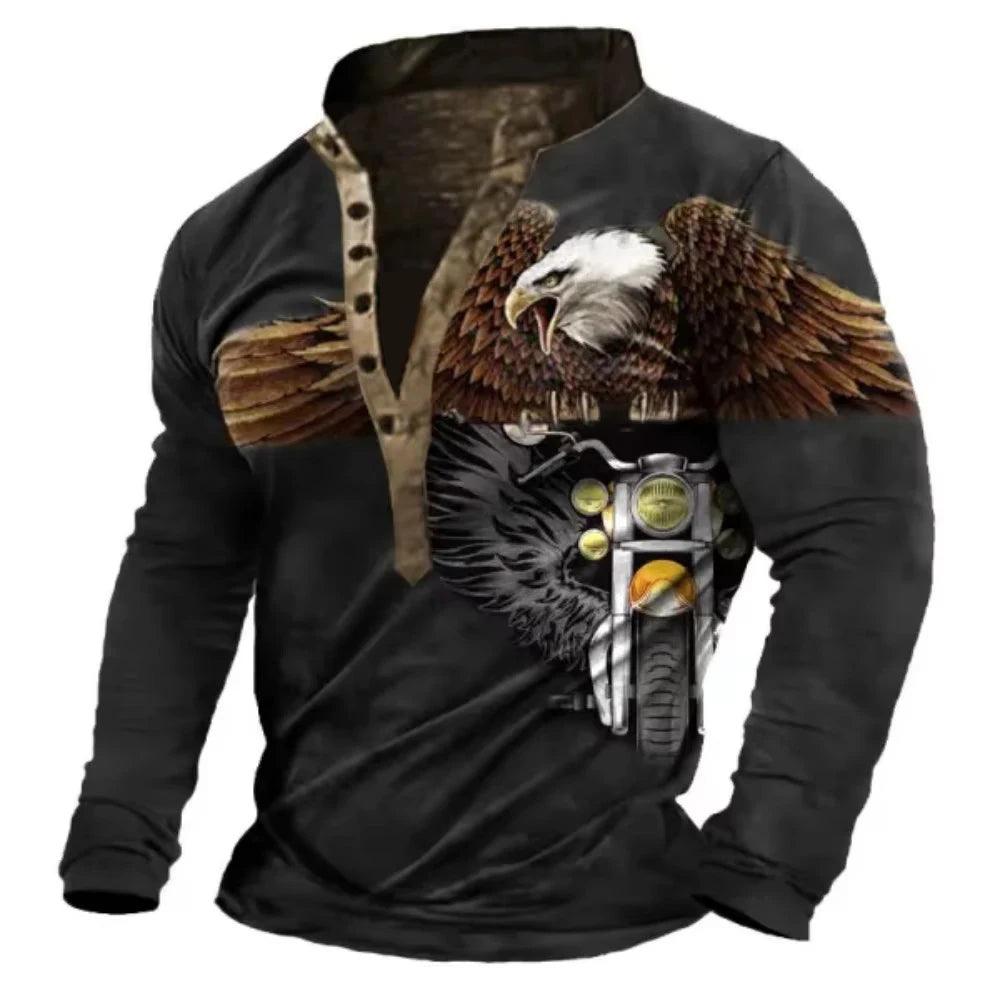 Men T-Shirt Henley Vintage Eagle Motorcycle Print Long Sleeve Daily Top Harajuku Streetwear Tee Men Seven Button Tshirt Pullover - MANDOTOS