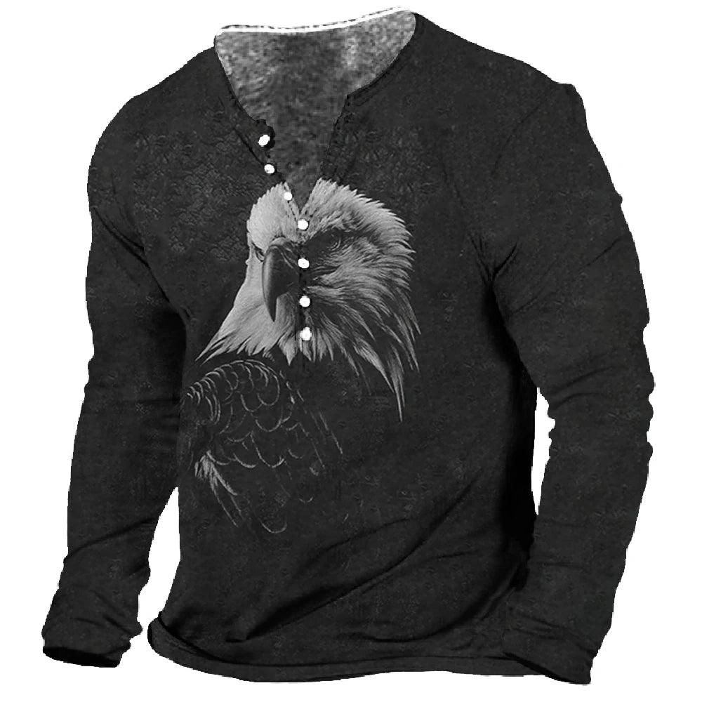 Men T-Shirt Henley Vintage Eagle Motorcycle Print Long Sleeve Daily Top Harajuku Streetwear Tee Men Seven Button Tshirt Pullover - MANDOTOS