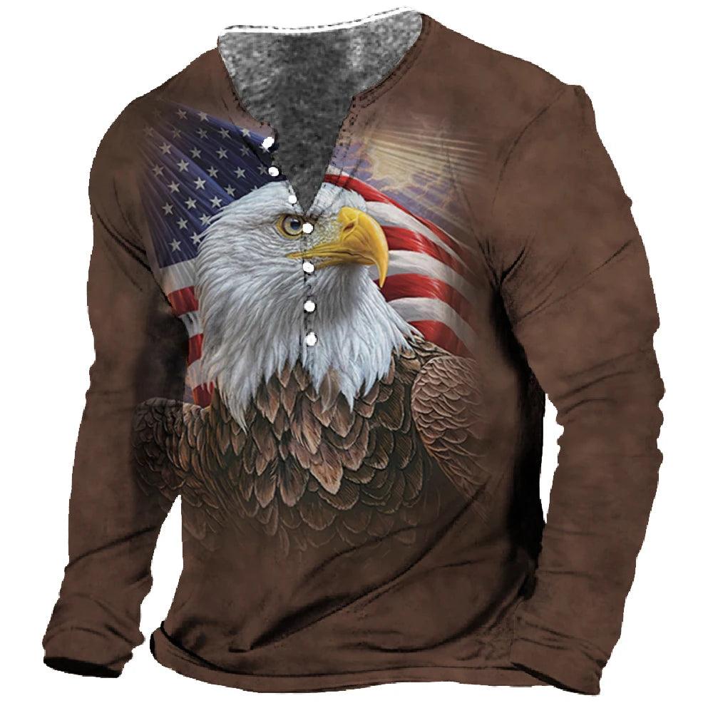 Men T-Shirt Henley Vintage Eagle Motorcycle Print Long Sleeve Daily Top Harajuku Streetwear Tee Men Seven Button Tshirt Pullover - MANDOTOS