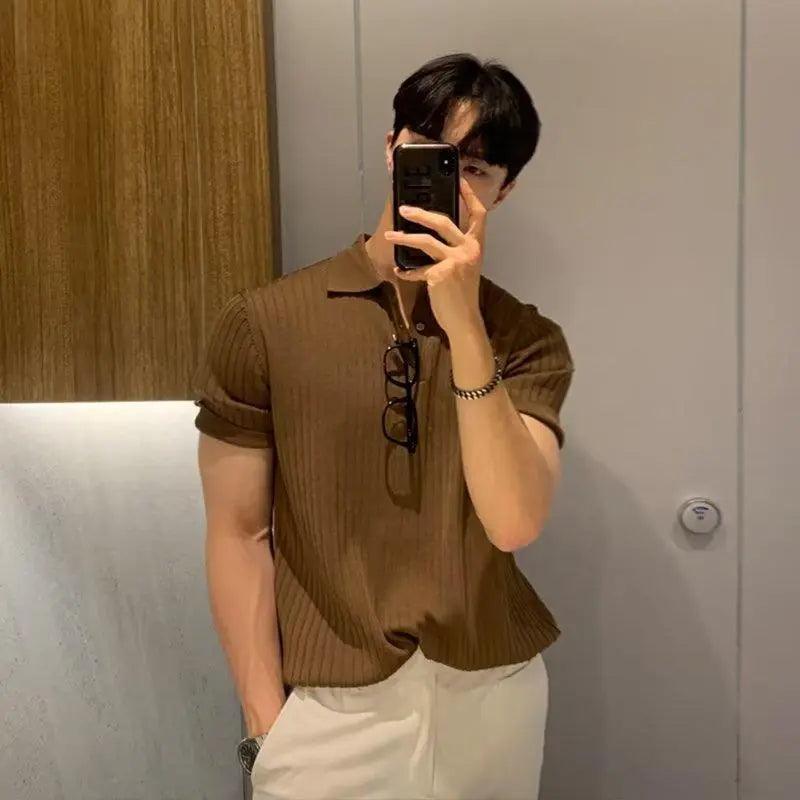 Men's Textured Knit Lapel Polo - MANDOTOS
