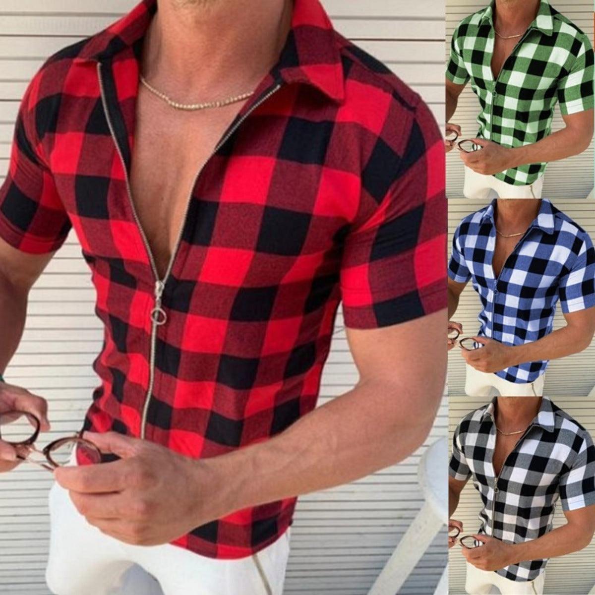 Plaid T Shirt Mens Zipper Short Sleeve Shirts Summer Men Clothing - MANDOTOS