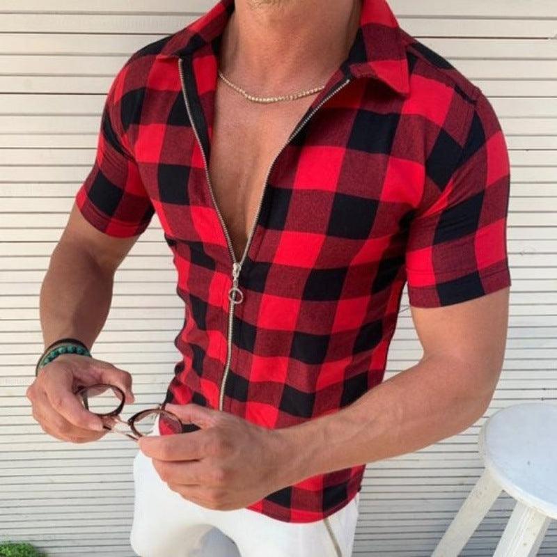 Plaid T Shirt Mens Zipper Short Sleeve Shirts Summer Men Clothing - MANDOTOS