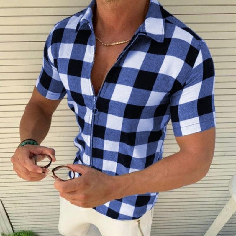 Plaid T Shirt Mens Zipper Short Sleeve Shirts Summer Men Clothing - MANDOTOS