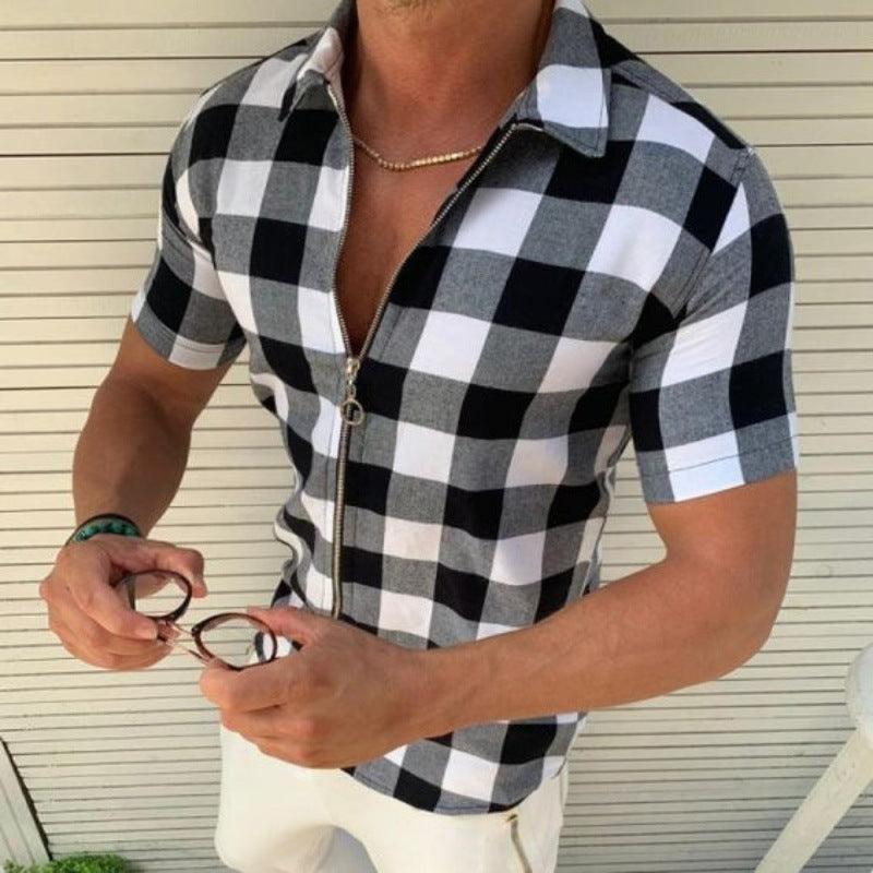 Plaid T Shirt Mens Zipper Short Sleeve Shirts Summer Men Clothing - MANDOTOS
