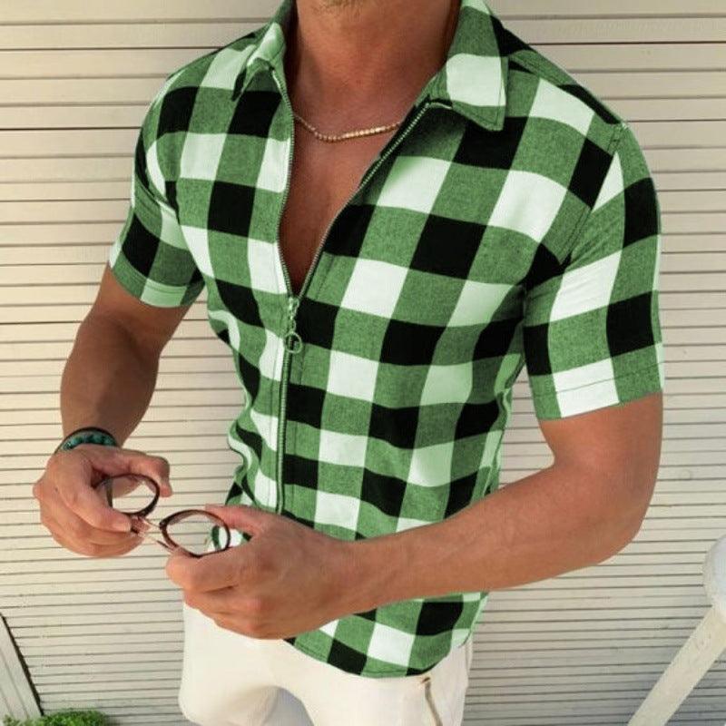Plaid T Shirt Mens Zipper Short Sleeve Shirts Summer Men Clothing - MANDOTOS