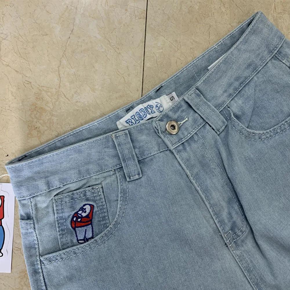 Polar Big Boy Embroidery Jeans Y2K Pants Streetwear Gothic Cartoon Blue Baggy Jeans Retro Punk Rock High Waist Denim Trousers - MANDOTOS