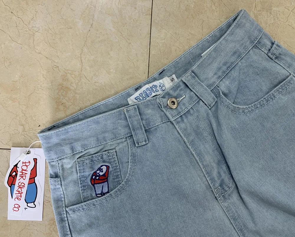 Polar Big Boy Embroidery Jeans Y2K Pants Streetwear Gothic Cartoon Blue Baggy Jeans Retro Punk Rock High Waist Denim Trousers - MANDOTOS