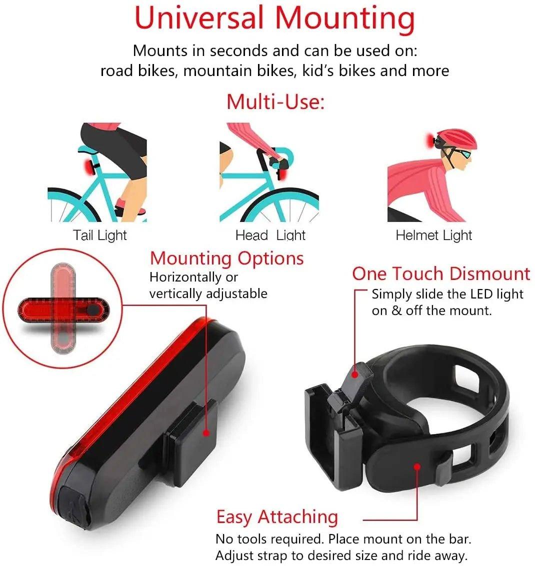 Rear Bike Tail Light USB Rechargeable Red Ultra Bright Taillights Fit On Bicycle Easy to Install for Cycling Safety - MANDOTOS