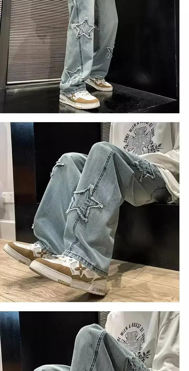 Stars Patchwork Men Jeans New Fashion Y2K Tassel Pants Korea Clothes Straight Hip Hop Splicing Trousers Male Streetwear - MANDOTOS