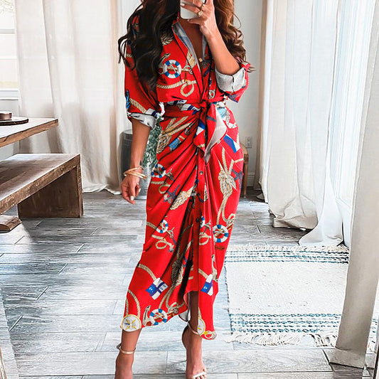 European And American Print Long-Sleeved Lace-Up Single-Breasted Shirt Dress - MANDOTOS