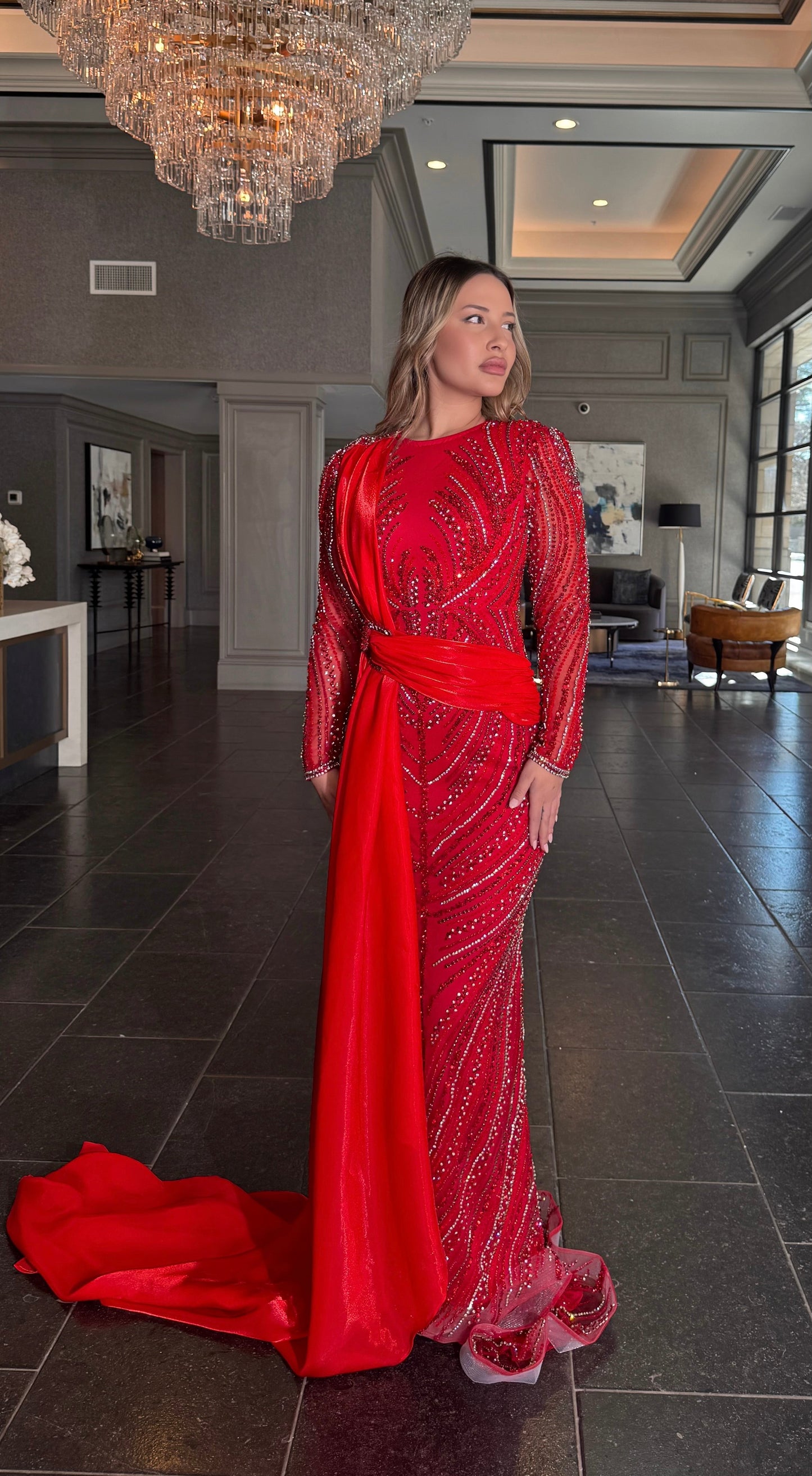 Ruba Sequin Modest Neckline with Long Side Organ Side Skirt