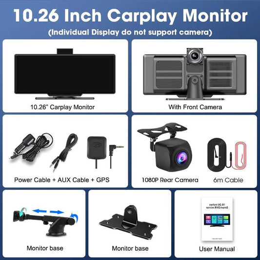 10.26'' Dash Cam 4K Car Mirror Video Player Wireless Carplay Android Auto GPS Car Monitor Multimedia Rearview Camera Dashboard - MANDOTOS