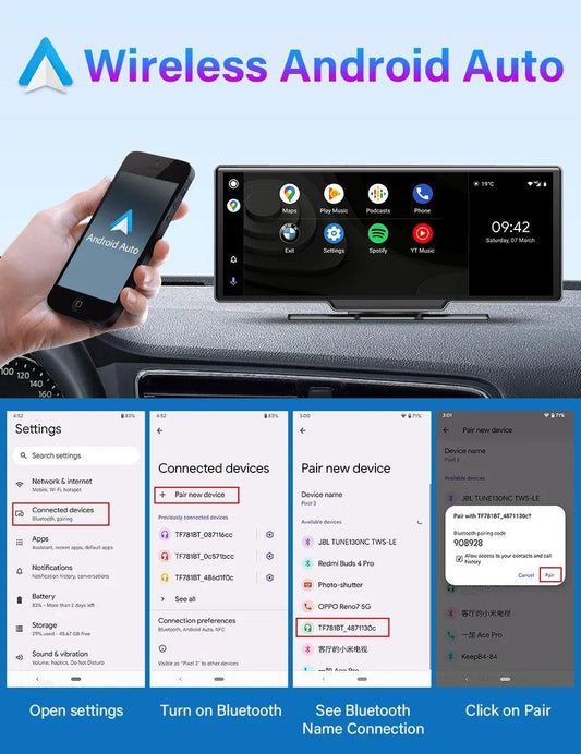 10.26'' Dash Cam 4K Car Mirror Video Player Wireless Carplay Android Auto GPS Car Monitor Multimedia Rearview Camera Dashboard - MANDOTOS