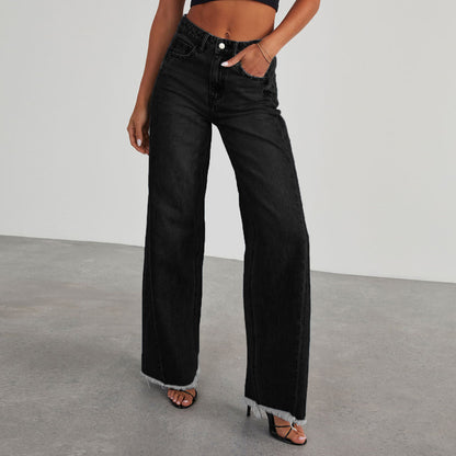 Fashion High Waist Jeans With Pockets Comfortable Slim Fit Straight Wide-leg Pants Womens Clothing - MANDOTOS