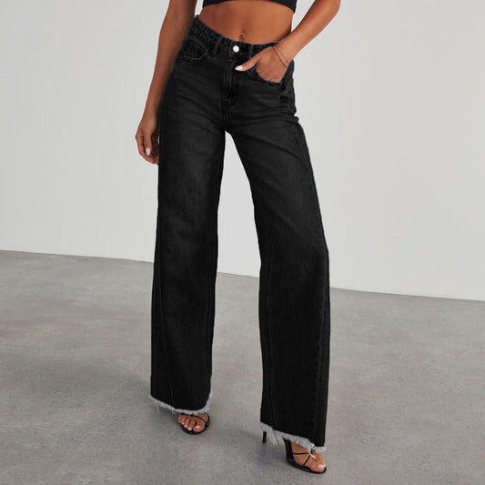 Fashion High Waist Jeans With Pockets Comfortable Slim Fit Straight Wide-leg Pants Womens Clothing - MANDOTOS