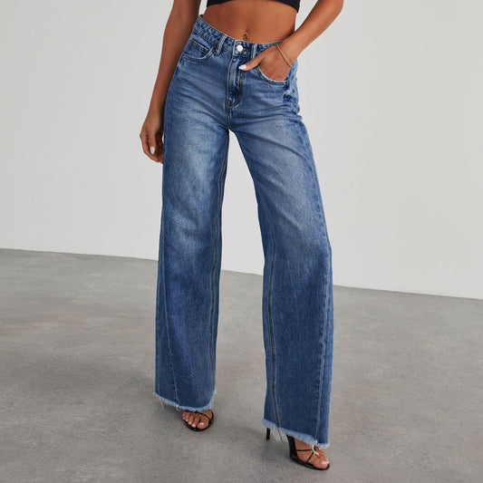 Fashion High Waist Jeans With Pockets Comfortable Slim Fit Straight Wide-leg Pants Womens Clothing - MANDOTOS