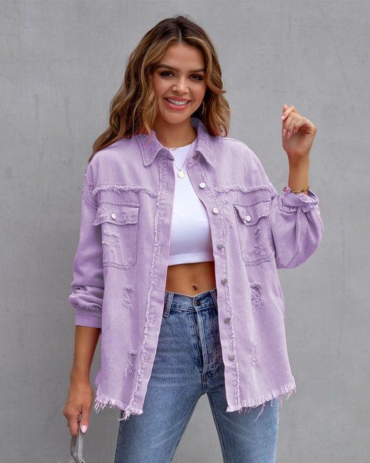 Fashion Ripped Shirt Jacket Female Autumn And Spring Casual Tops Womens Clothing - MANDOTOS