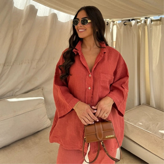 Casual Polyester Pocket Shirt Pants Suitable For Women's Wide Leg Pants, Long Sleeved Shirt Set, Women's Loose High Street Two-piece Set - MANDOTOS