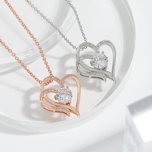 Zircon Double Love Necklace With Rhinestones Ins Personalized Heart-shaped Necklace Clavicle Chain Jewelry For Women Valentine's Day - MANDOTOS