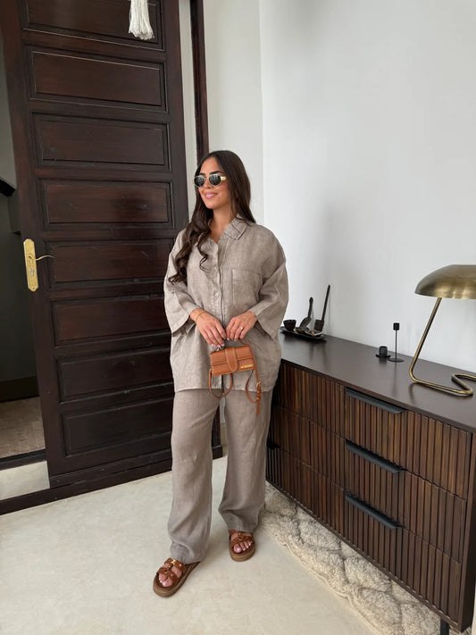 Casual Polyester Pocket Shirt Pants Suitable For Women's Wide Leg Pants, Long Sleeved Shirt Set, Women's Loose High Street Two-piece Set - MANDOTOS