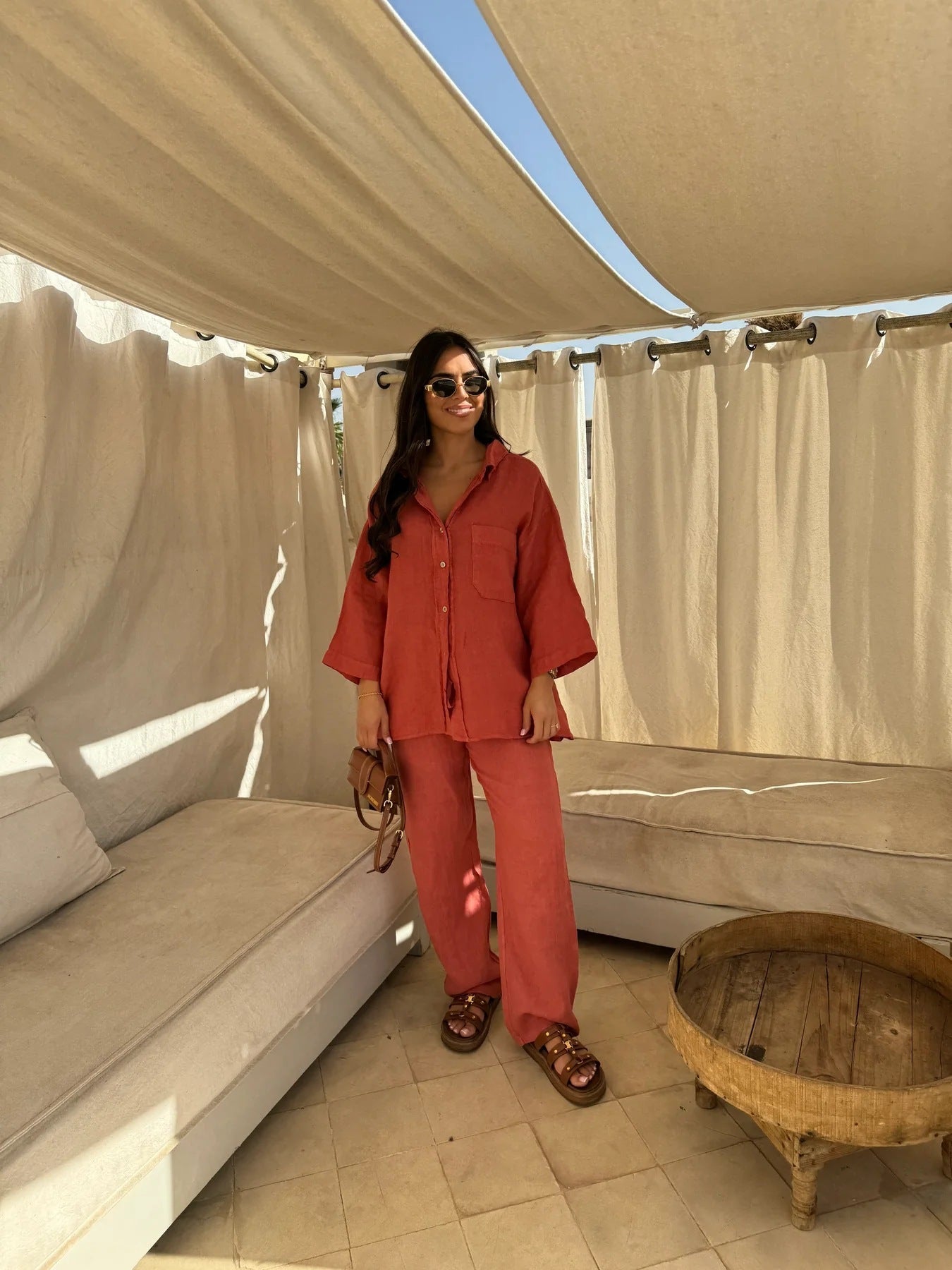 Casual Polyester Pocket Shirt Pants Suitable For Women's Wide Leg Pants, Long Sleeved Shirt Set, Women's Loose High Street Two-piece Set - MANDOTOS