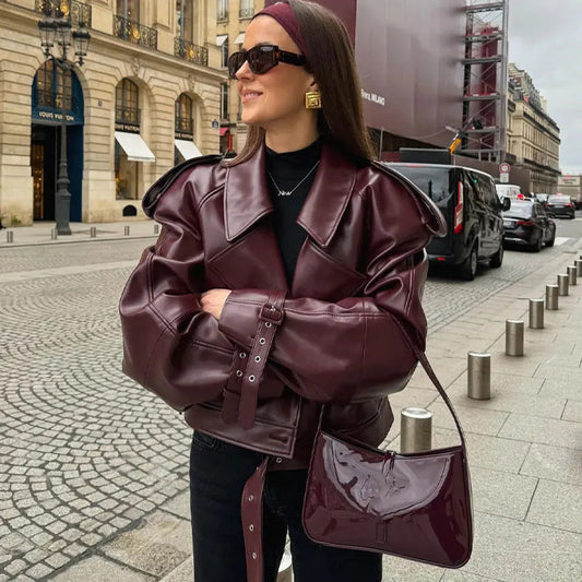 Loose Lapel Leather Jacket Fashion Cropped Tops Streetwear For Womens Clothing - MANDOTOS